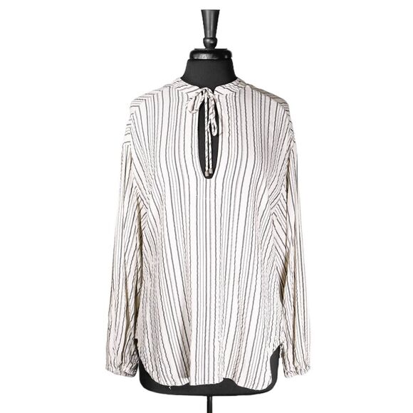 Free People Womens Blouse Ivory Black Striped Boho Oversized Keyhole Shirt Top S - Picture 1 of 9